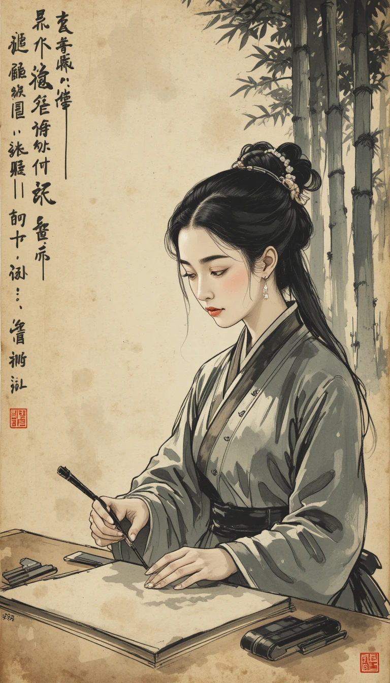 Chinese ink painter focused over aged calligraphy paper