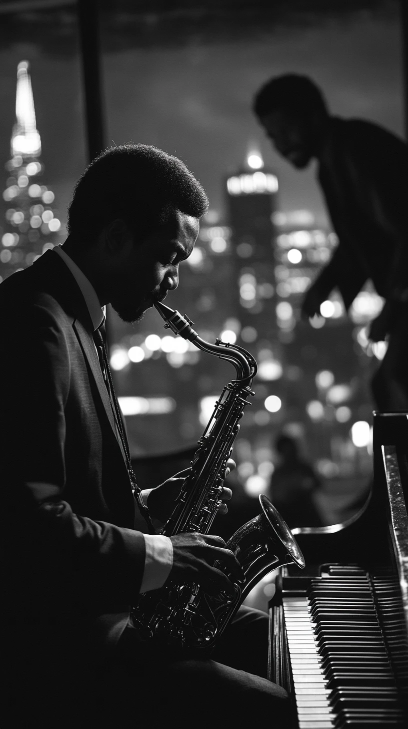 Musiciens de jazz se produisant dans un club urbain en noir et blanc