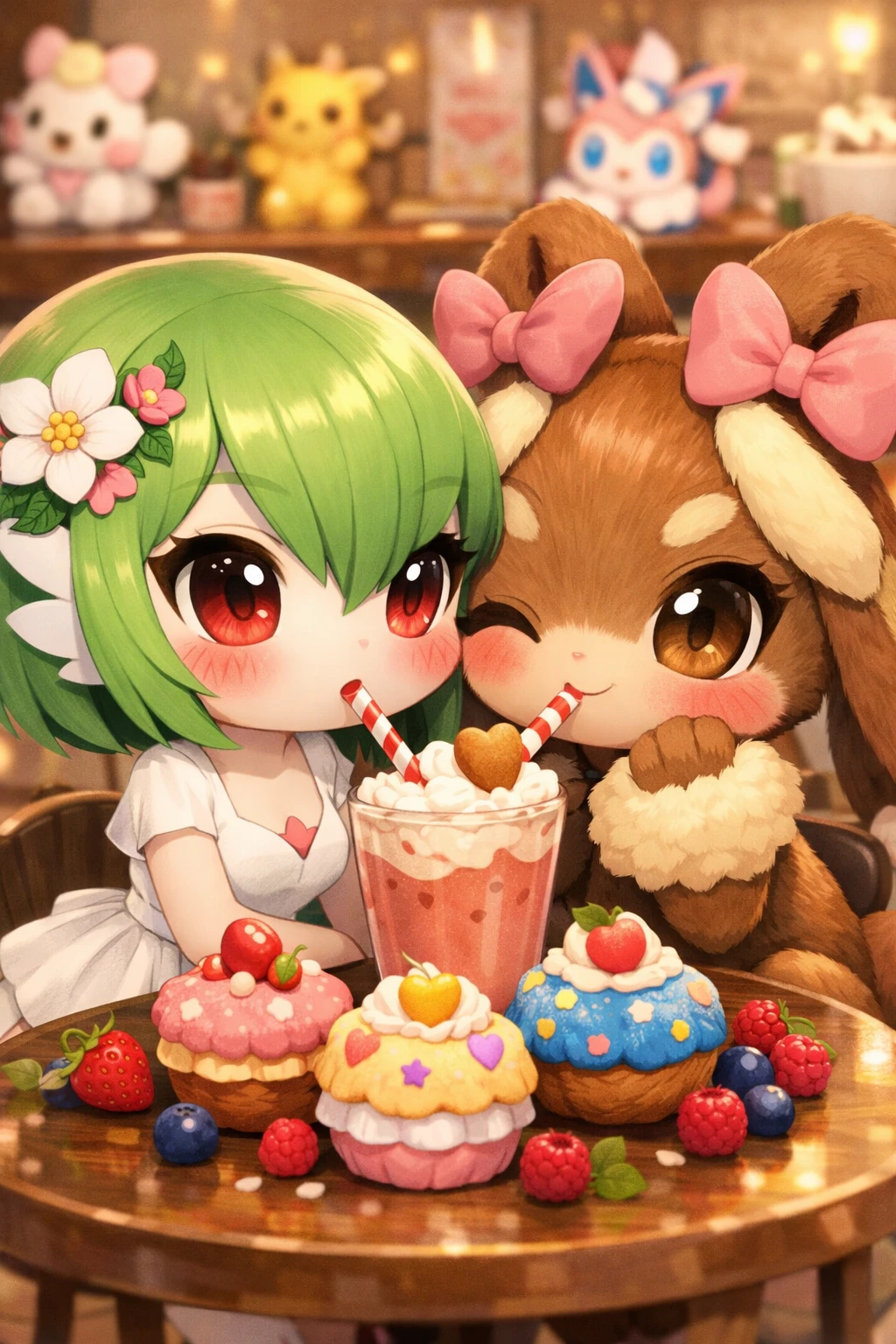 Ragazze chibi che condividono un milkshake in un bar accogliente