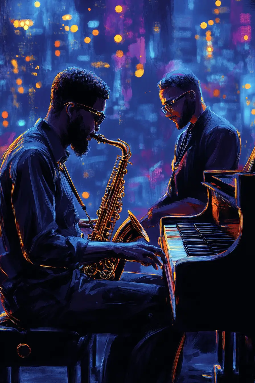 Élégants musiciens de jazz jouant dans un club citadin luxueux