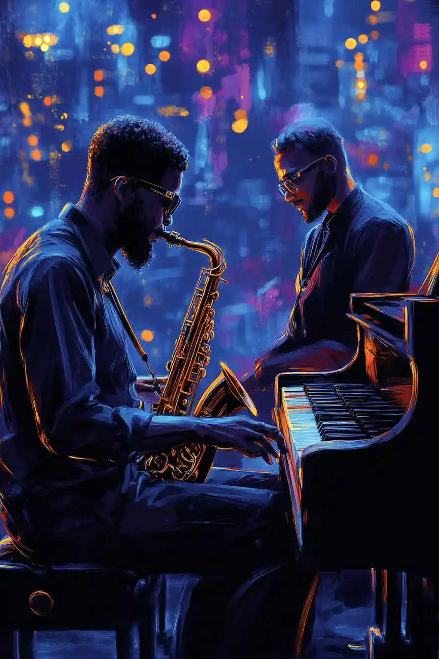 Élégants musiciens de jazz jouant dans un club citadin luxueux