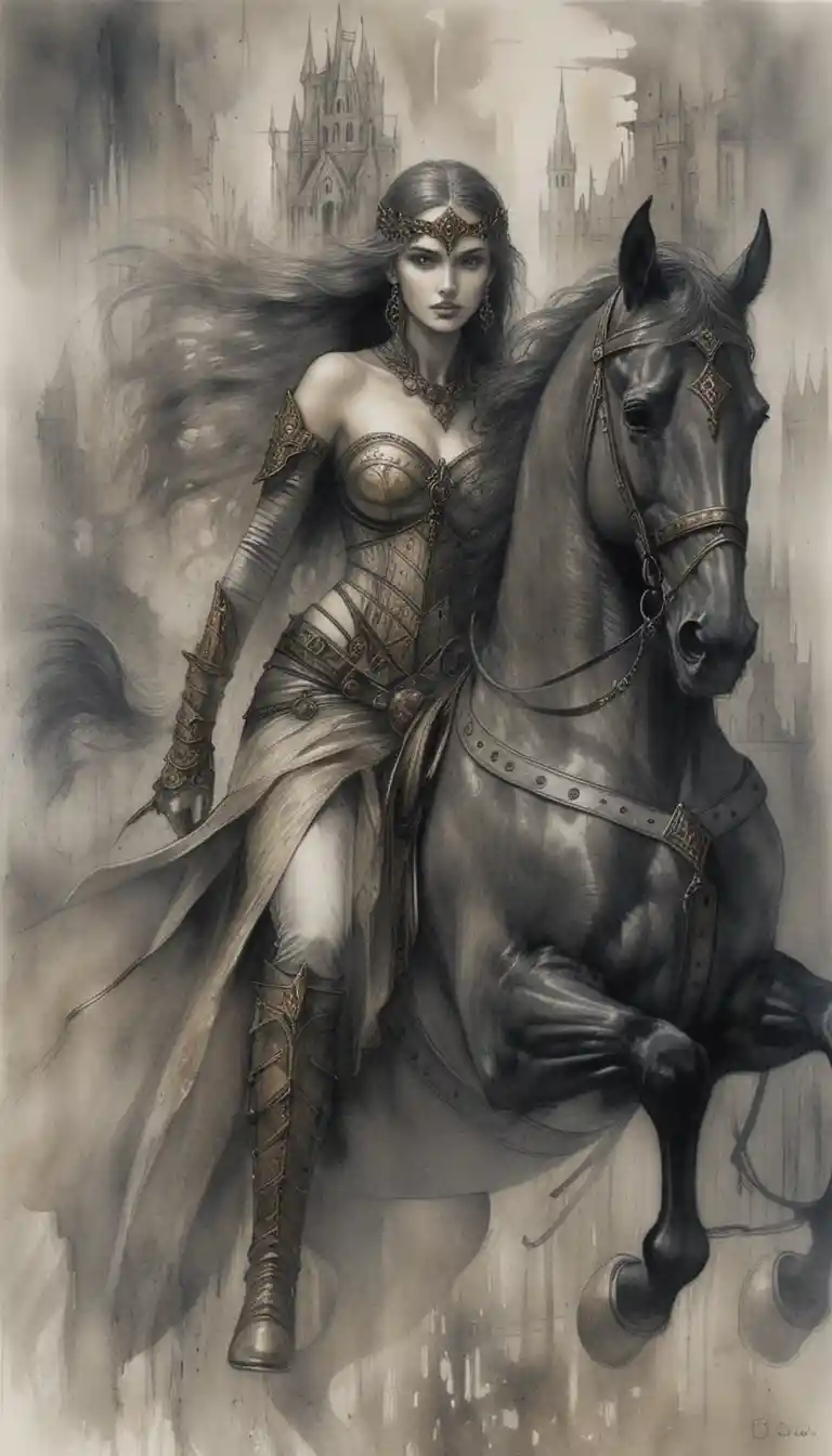 廃墟に立つ黒い軍馬とダークファンタジーの戦士女王