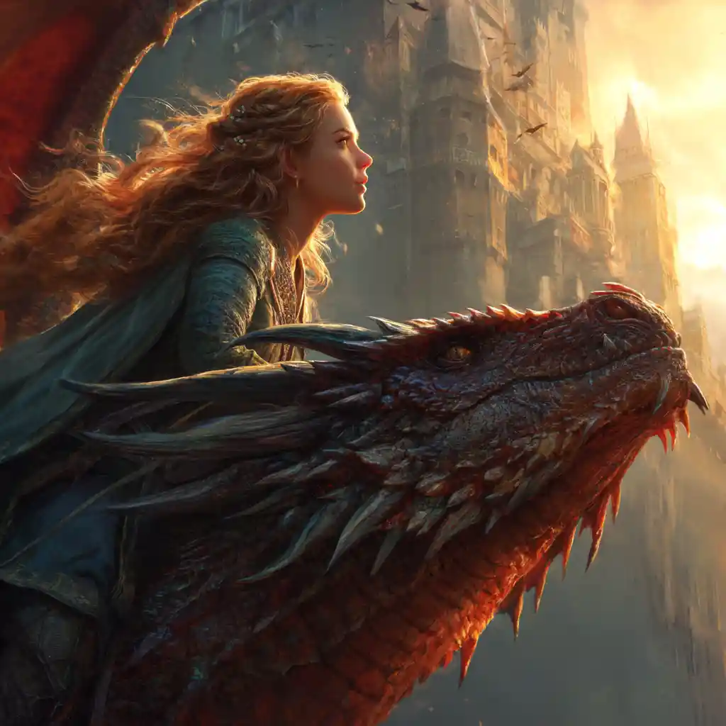 Donna fantasy che cavalca un drago sopra un castello al tramonto