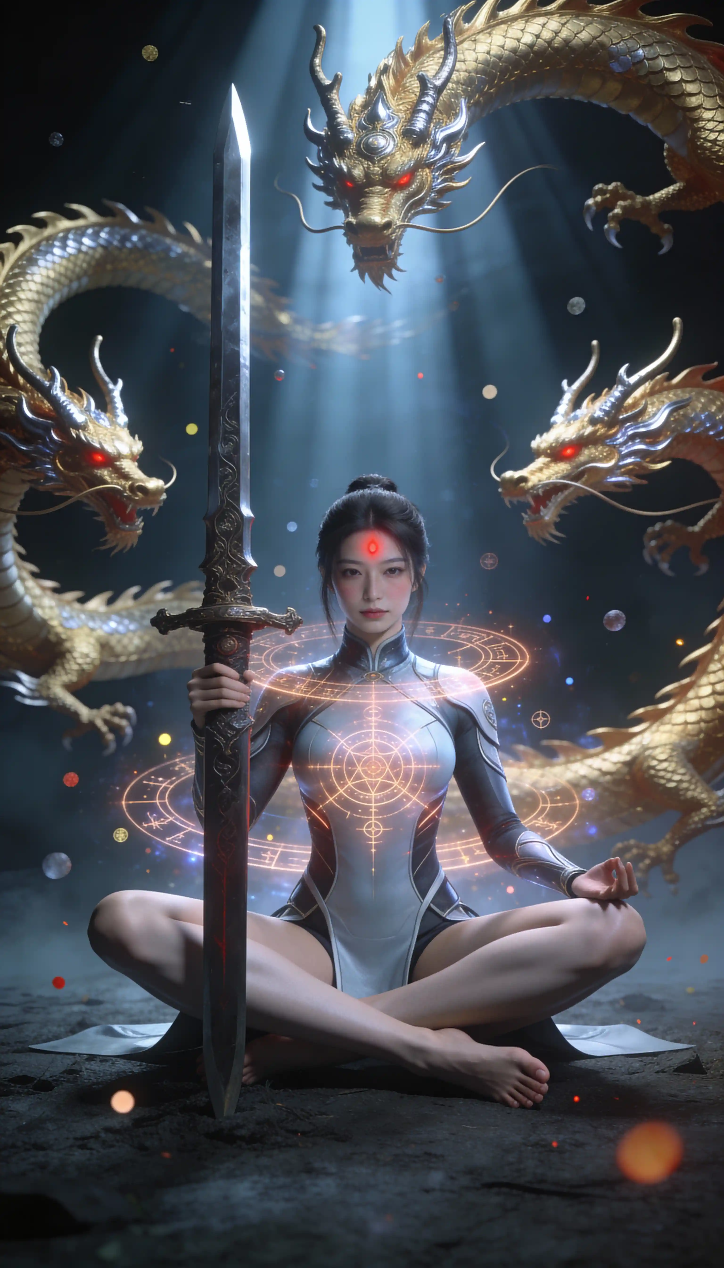 Dragon blooded exorcist woman seated with greatsword