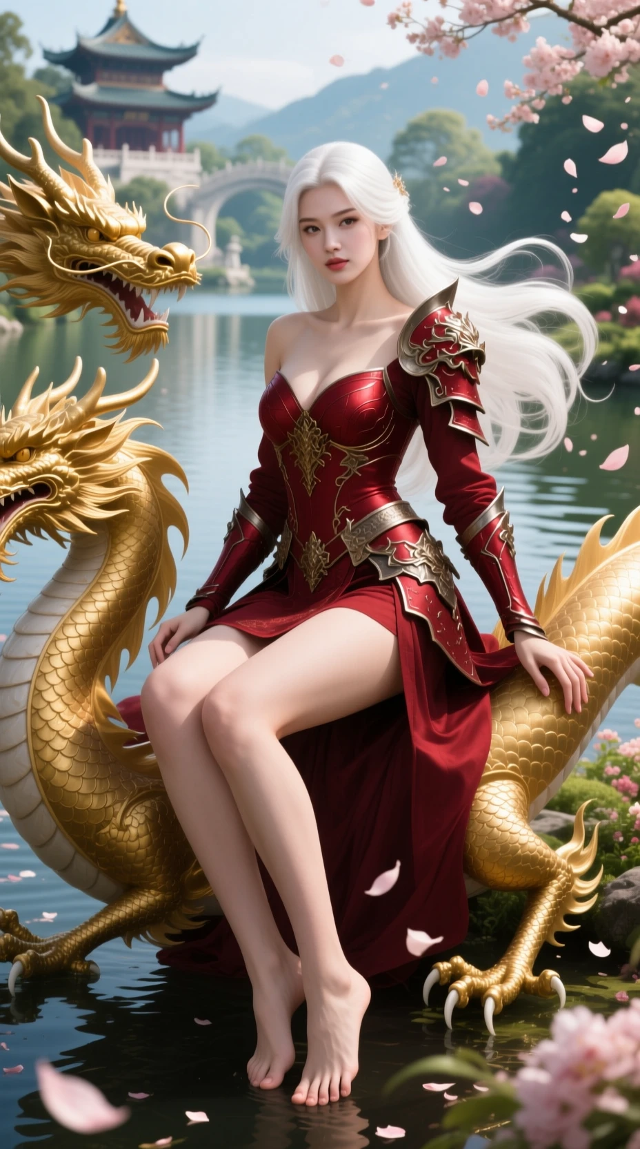 Weißhaarige Frau in Drachenrüstung reitet einen goldenen Drachen