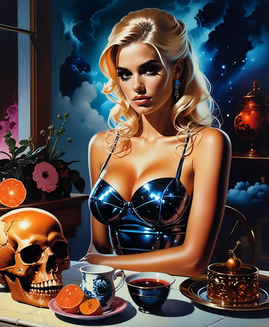 Blonde pin up woman in a dreamy blue solarium