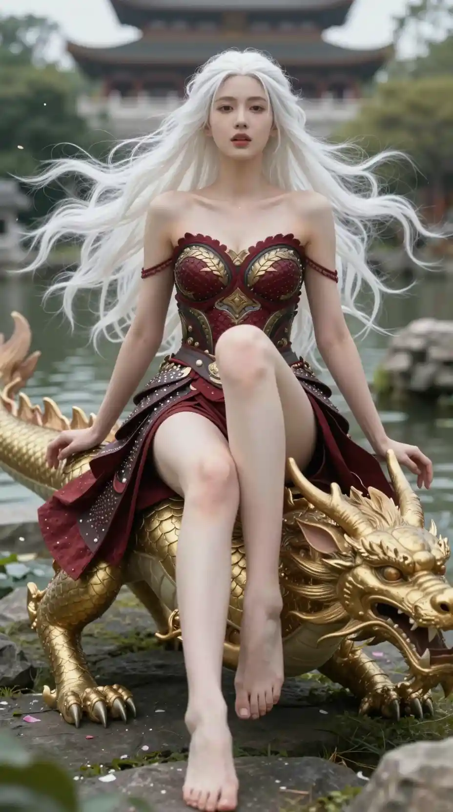黄金のドラゴンにまたがる白髪の女ドラゴンナイト