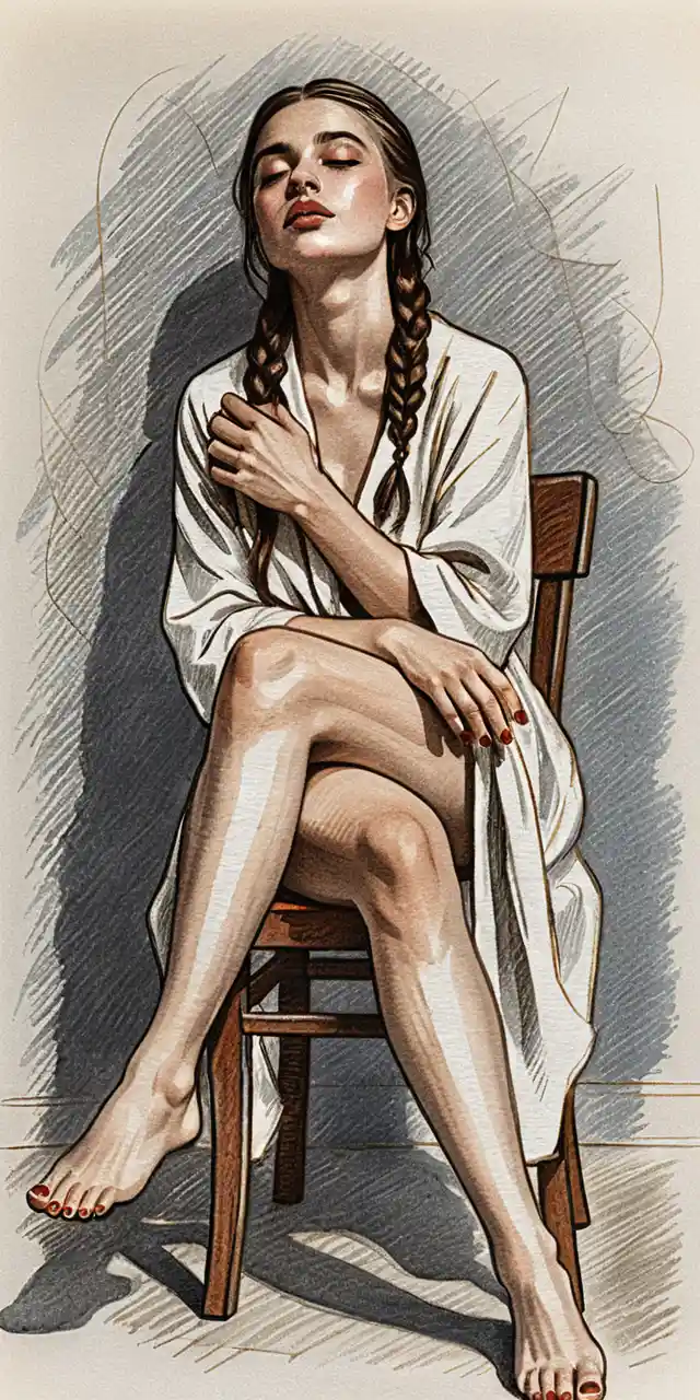 Elegant woman in red gown seated at cafe table