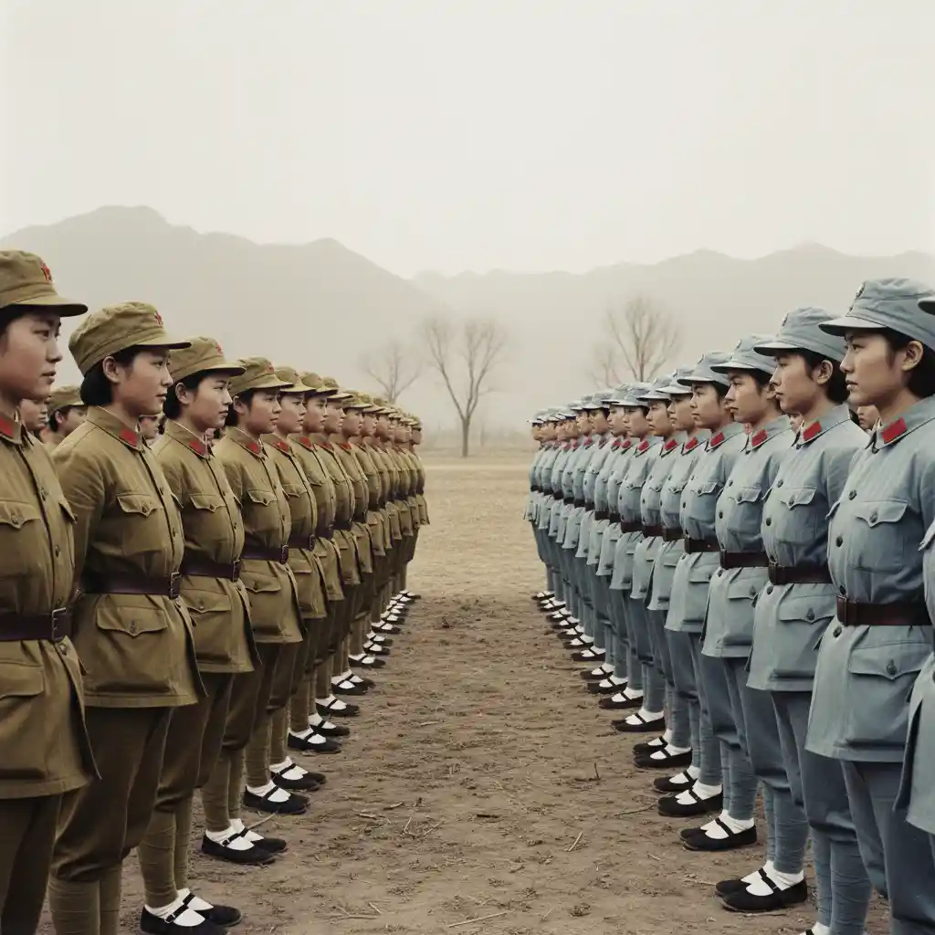 Soldatesse cinesi una di fronte all’altra in formazione di guerra