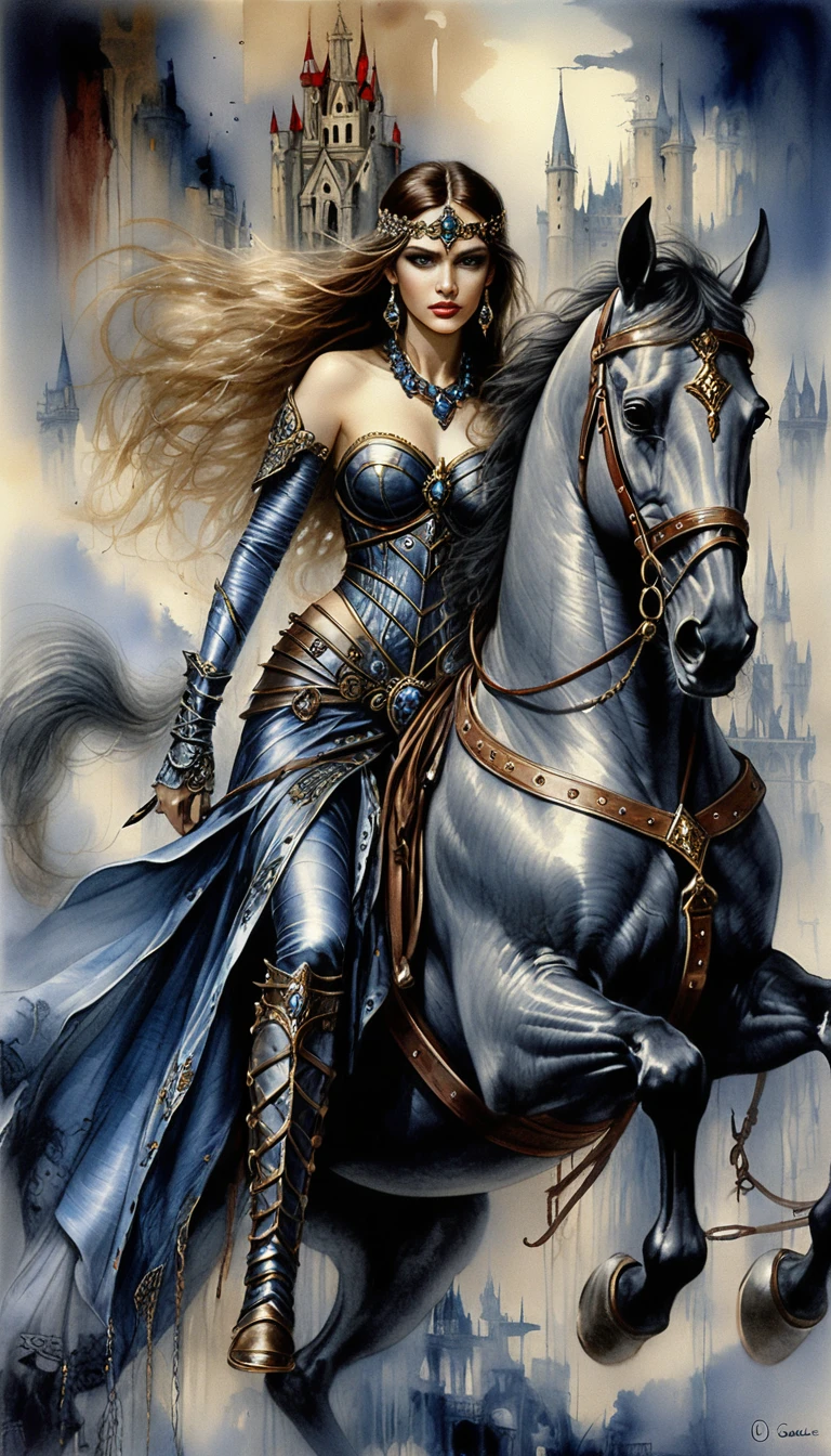 Dark fantasy queen warrior on horseback in ruins