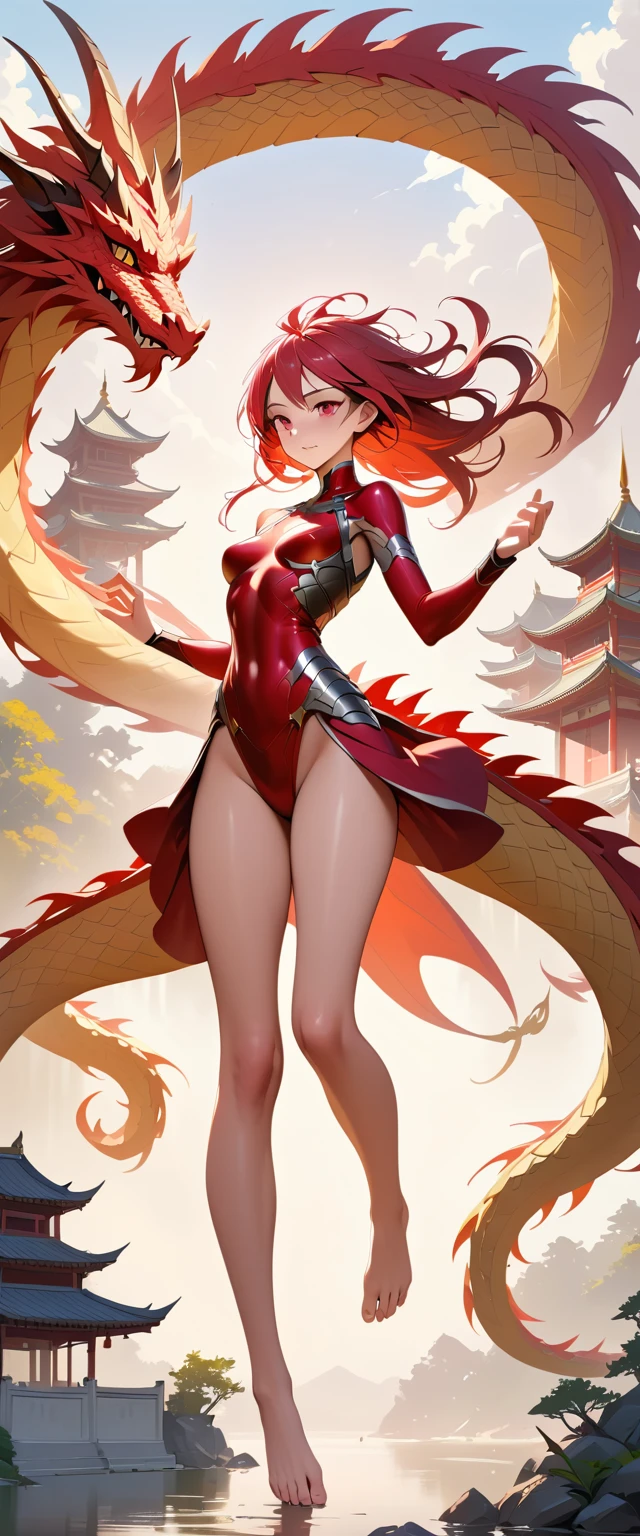 White haired warrior woman riding a golden dragon