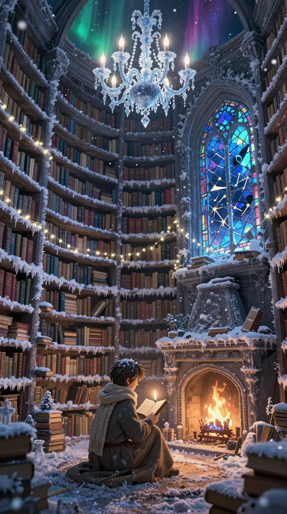 Young Scholar Reading In An Enchanted Winter Library