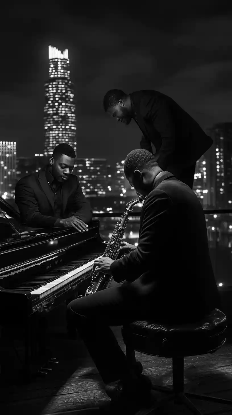Músicos de jazz actuando en un club íntimo con vistas al skyline de la ciudad