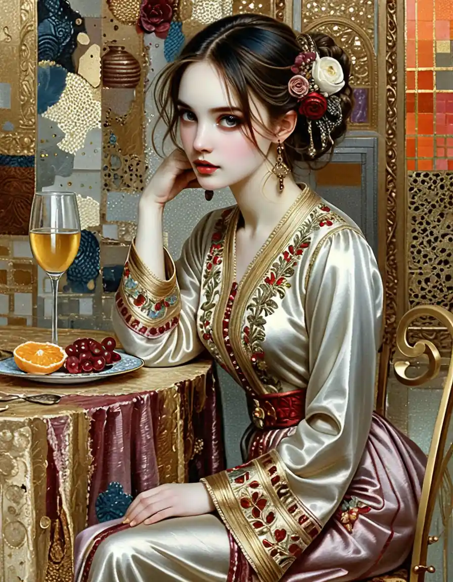 Elegante donna in abito rosso seduta a un tavolino del caffè