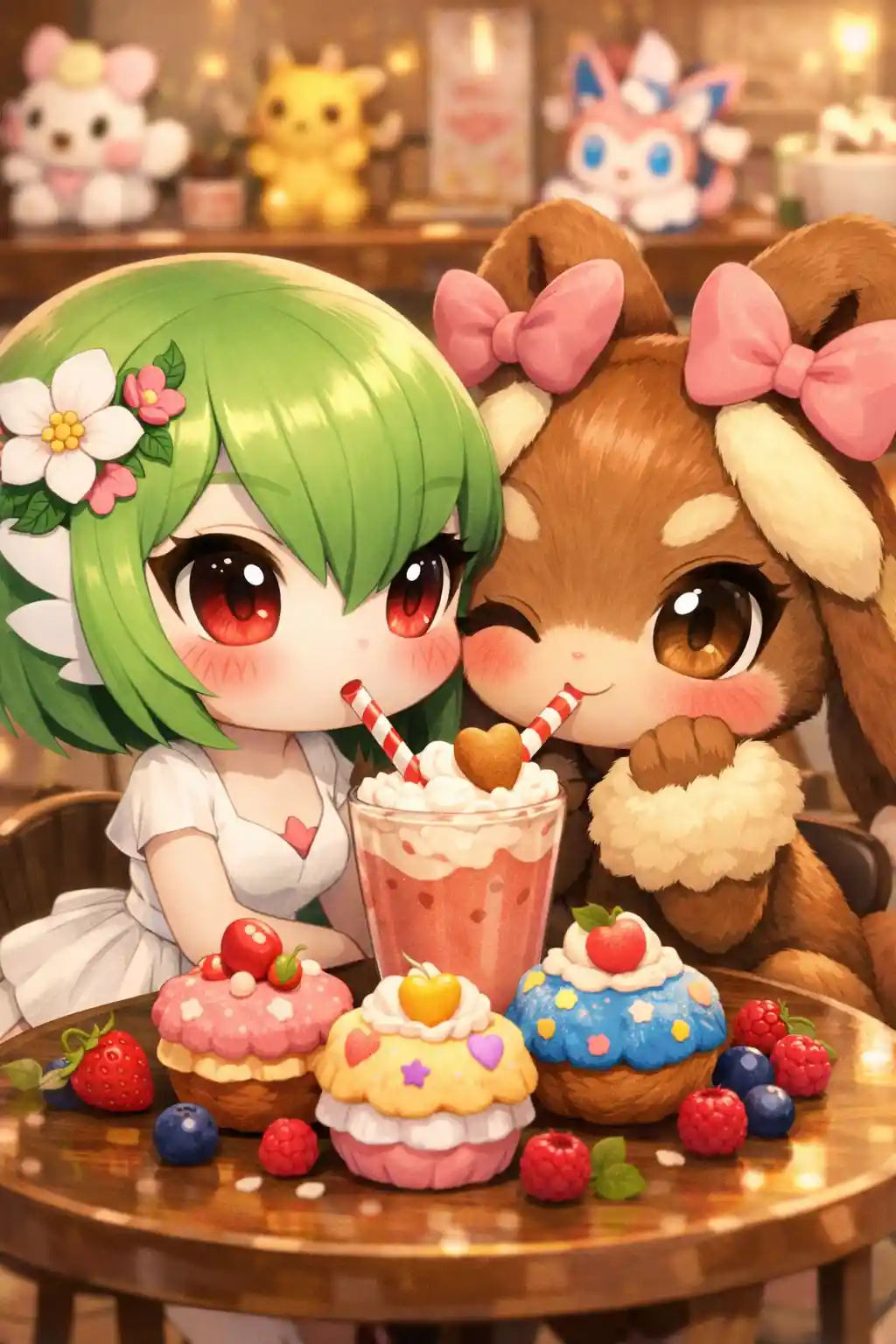 Ragazze chibi che condividono un milkshake in un bar accogliente