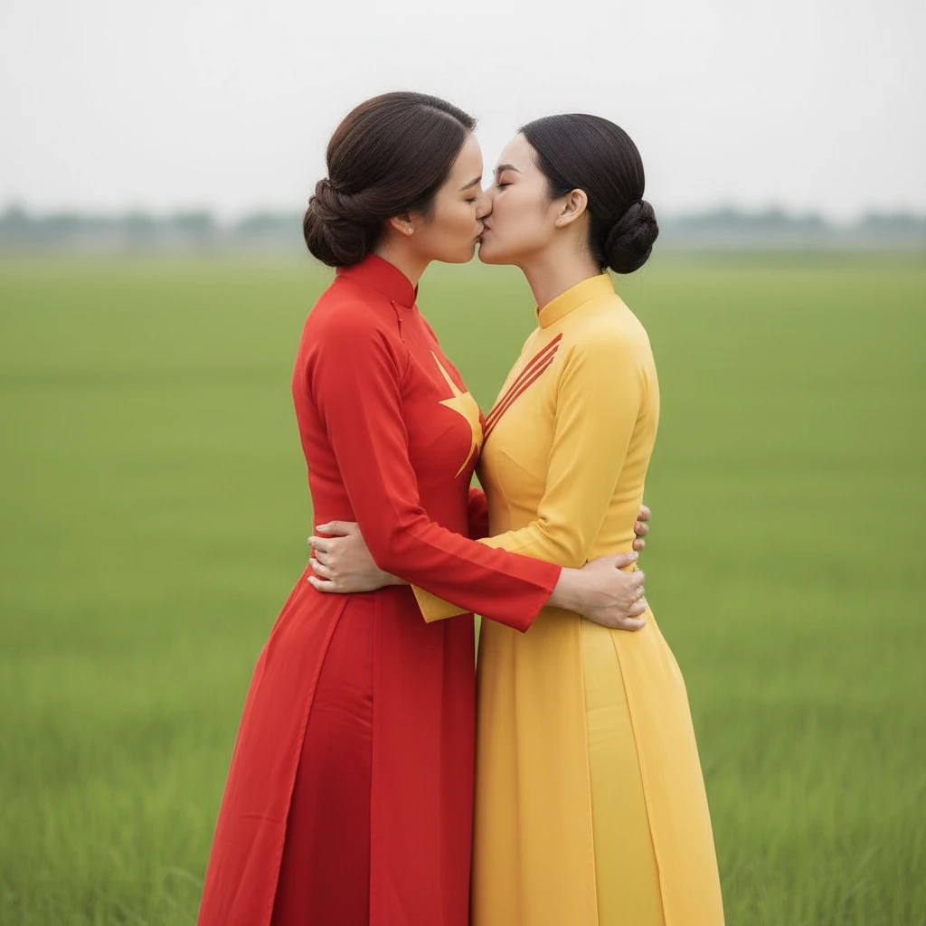 Zwei Mädchen im traditionellen Ao Dai auf einem grünen Feld