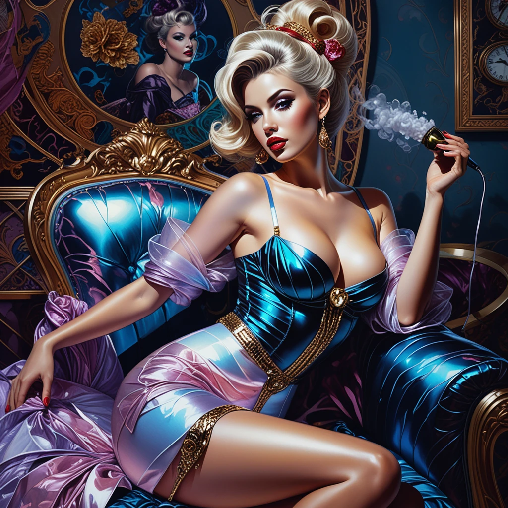 Pin-up stilizzata in scena di lingerie boudoir illuminata al neon