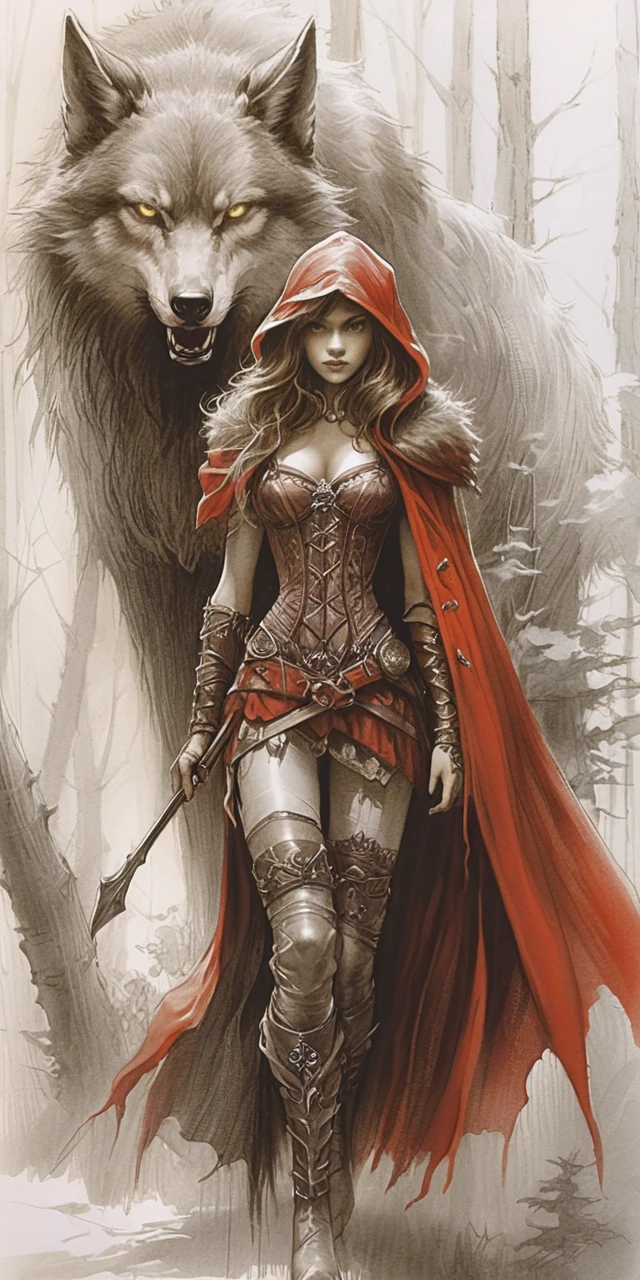 Warrior Red Riding Hood Facing Wolf In Misty Forest