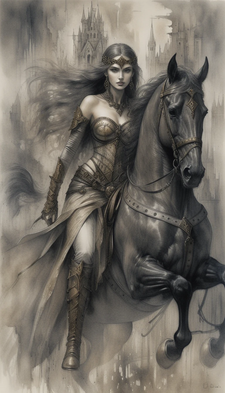 廃墟に立つ黒い軍馬とダークファンタジーの戦士女王