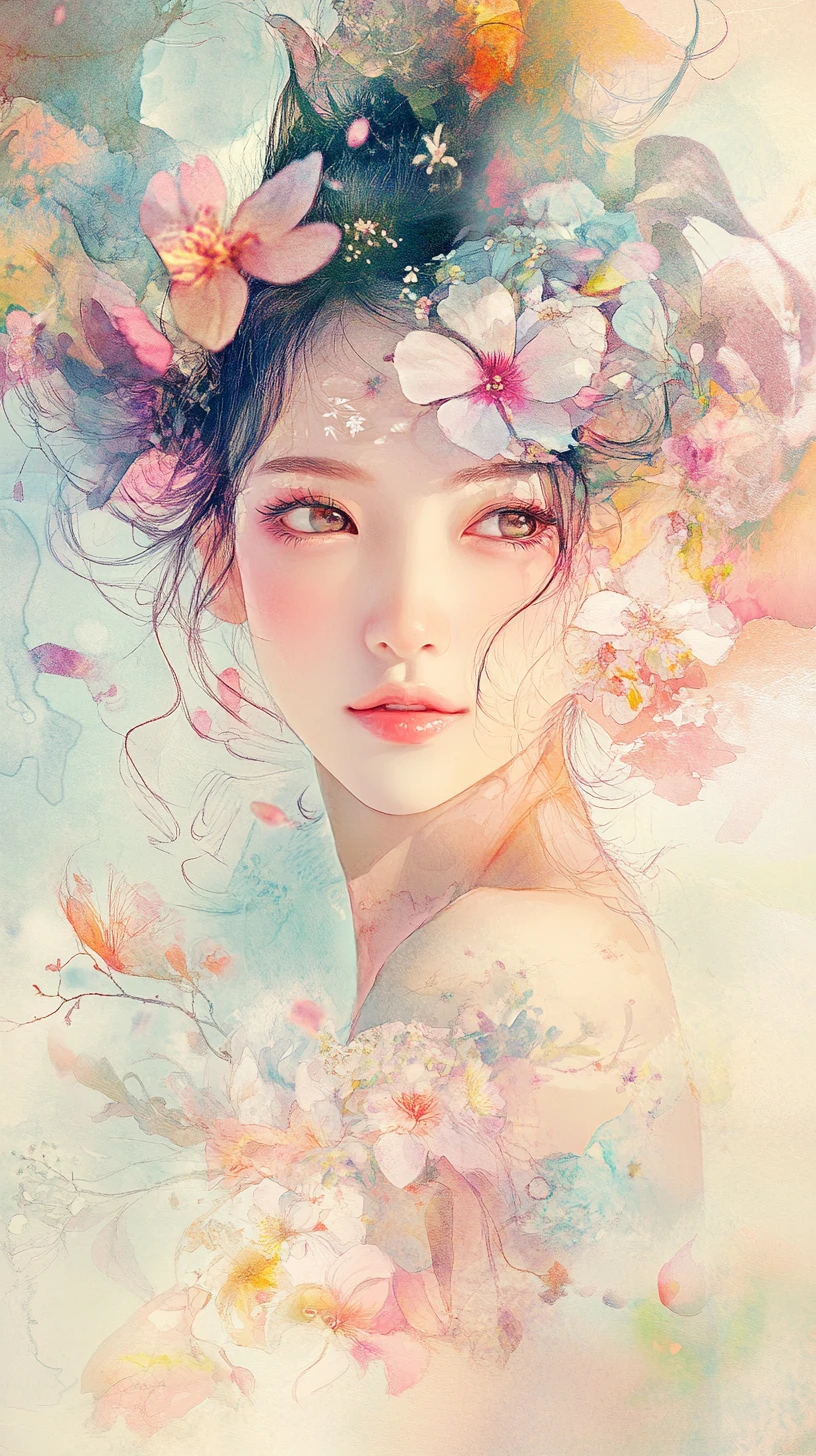 幻想的な花々に包まれた夢のような女性イラスト