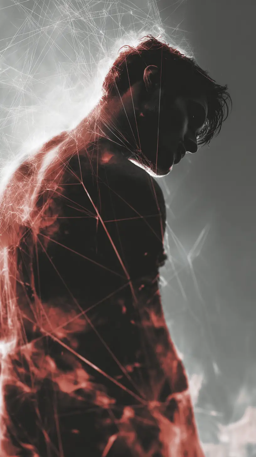 Lonely man standing tall in a chaotic abstract neon storm