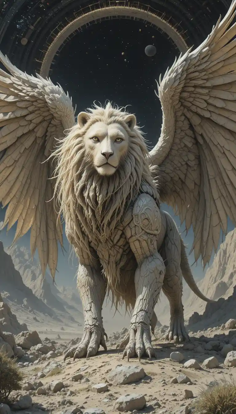 Quimera de león alado elevándose en postura similar a la humana
