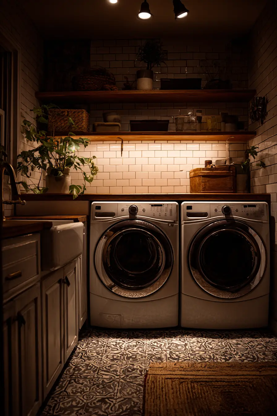 Cozy vintage laundry room in simple bold line art