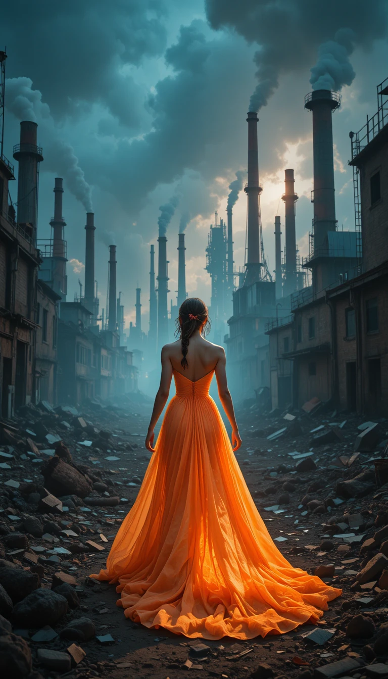 Mystical Woman In Orange Gown Among Industrial Ruins