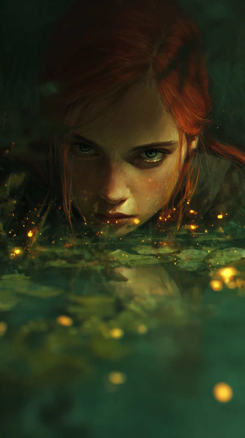 Cute girl with fiery hair beside a mysterious green lake