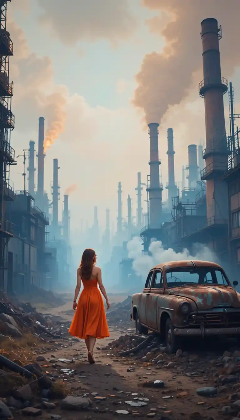 Donna in abito arancione che cammina tra rovine industriali surreali