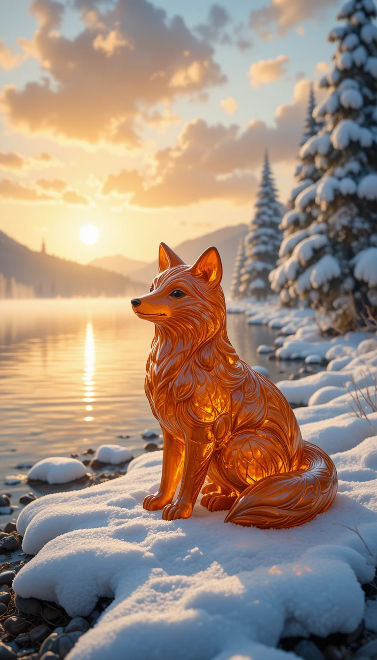 Figurine de renard en ambre près d’un lac doré enneigé au lever du soleil