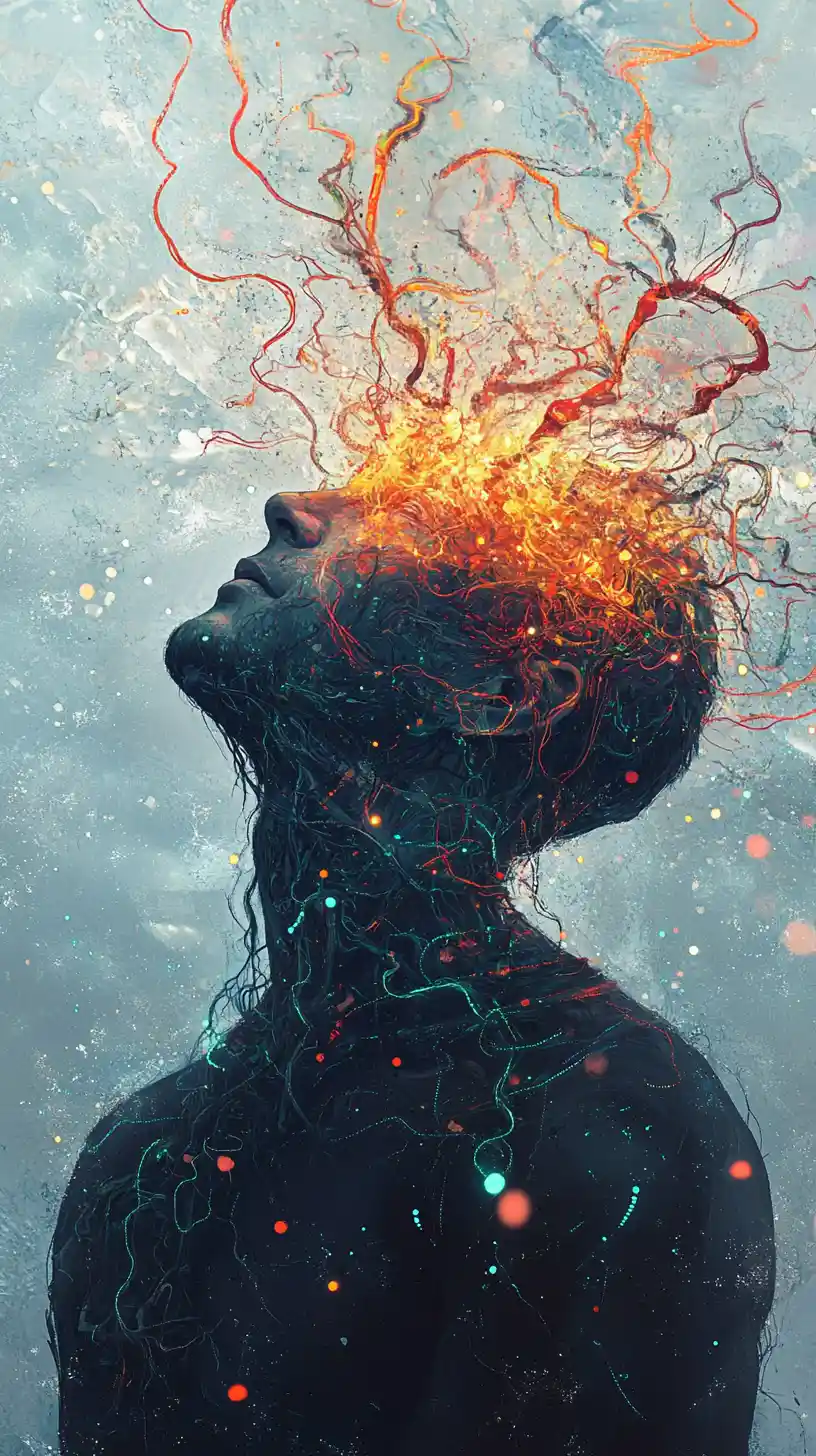 Man standing tall in a storm of tangled neon emotions