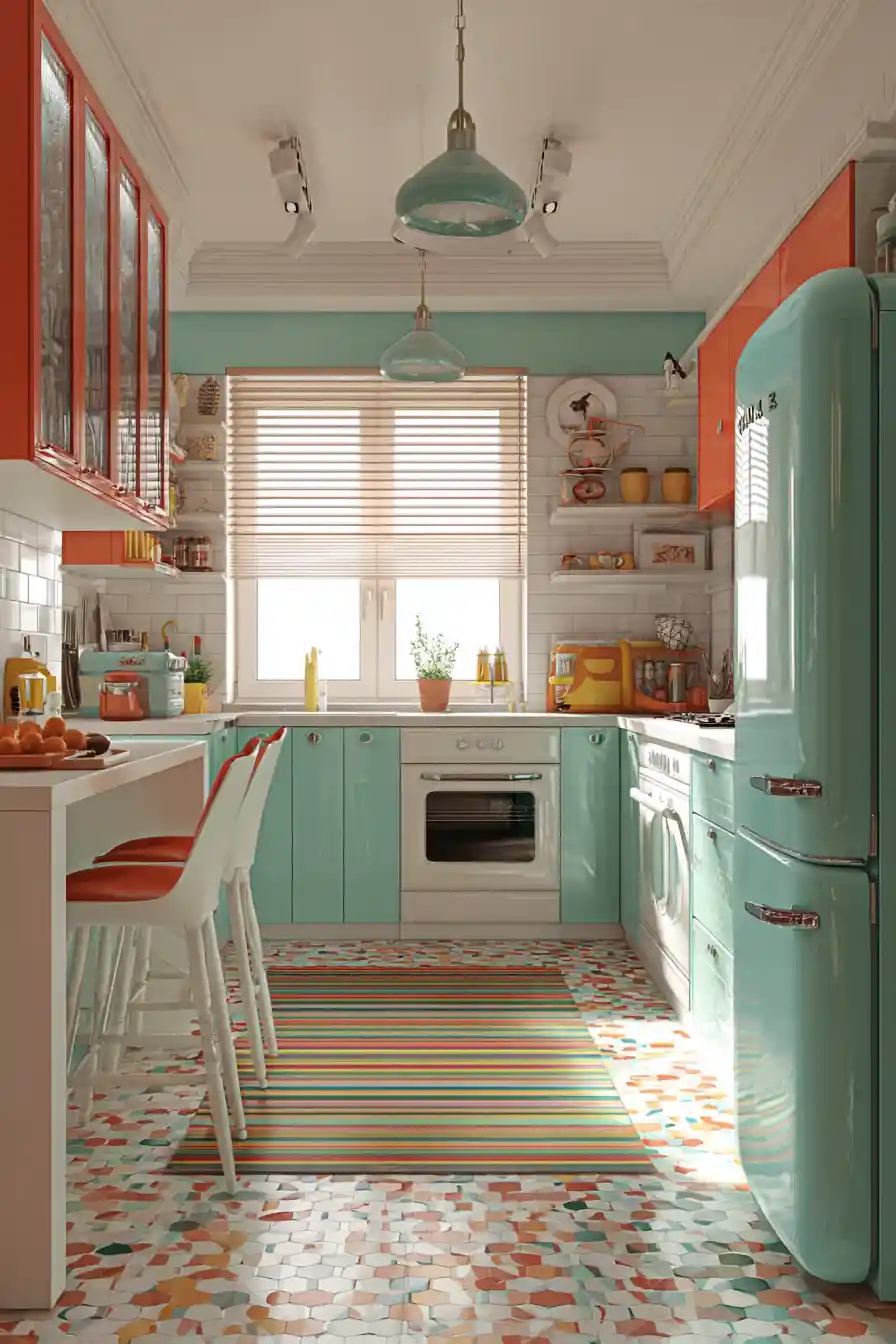 Retro-Kücheninterieur mit kräftigen Vintage-Farbakzenten