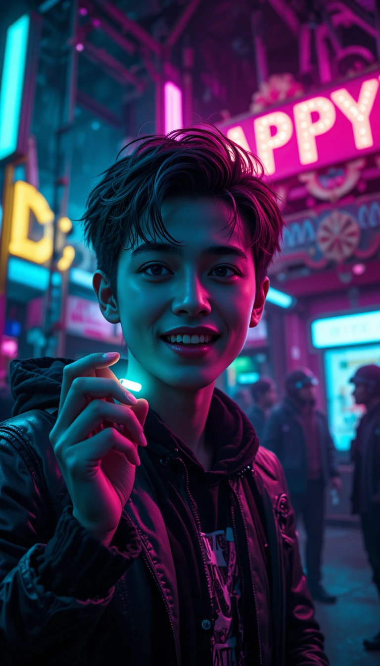 Cheeky streamer with glowing pill in neon noir portrait