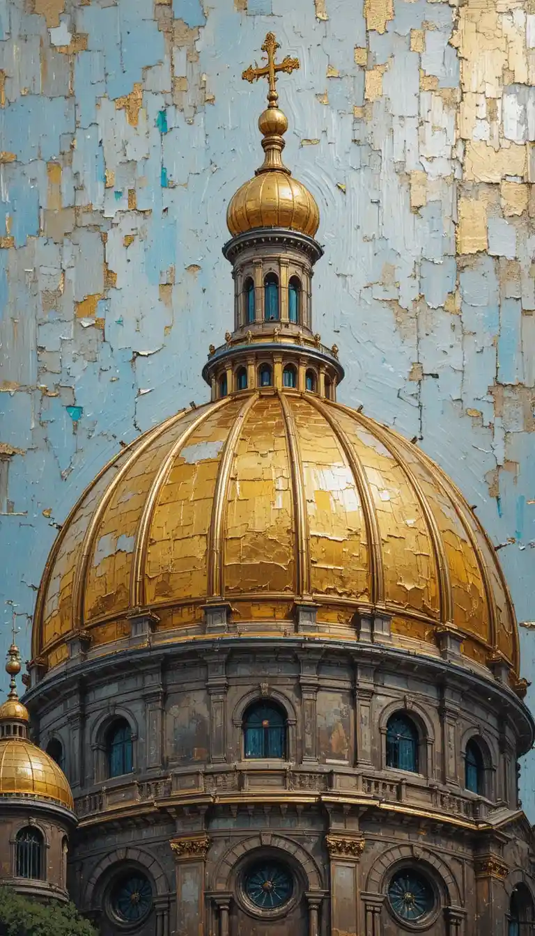 Abstract impasto painting of a cathedral golden dome
