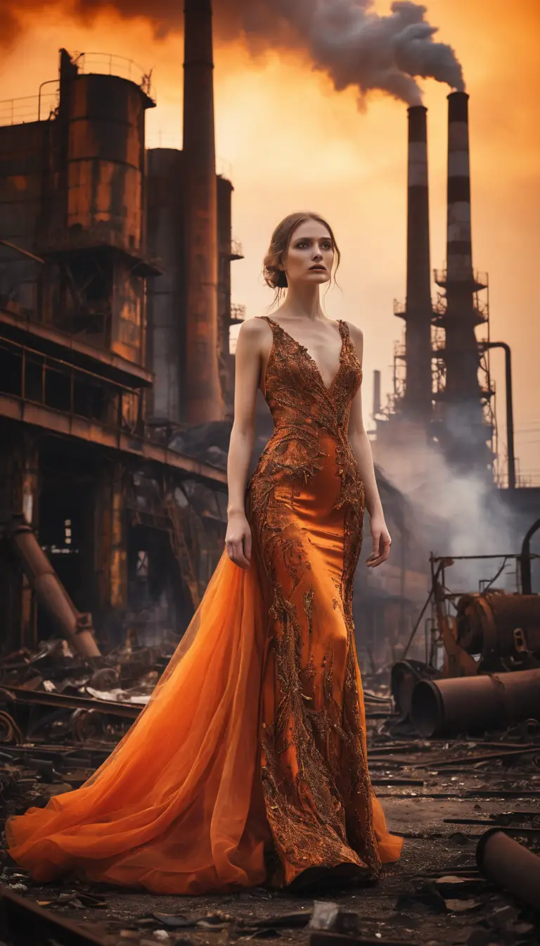Mystical woman in orange gown crossing industrial ruins