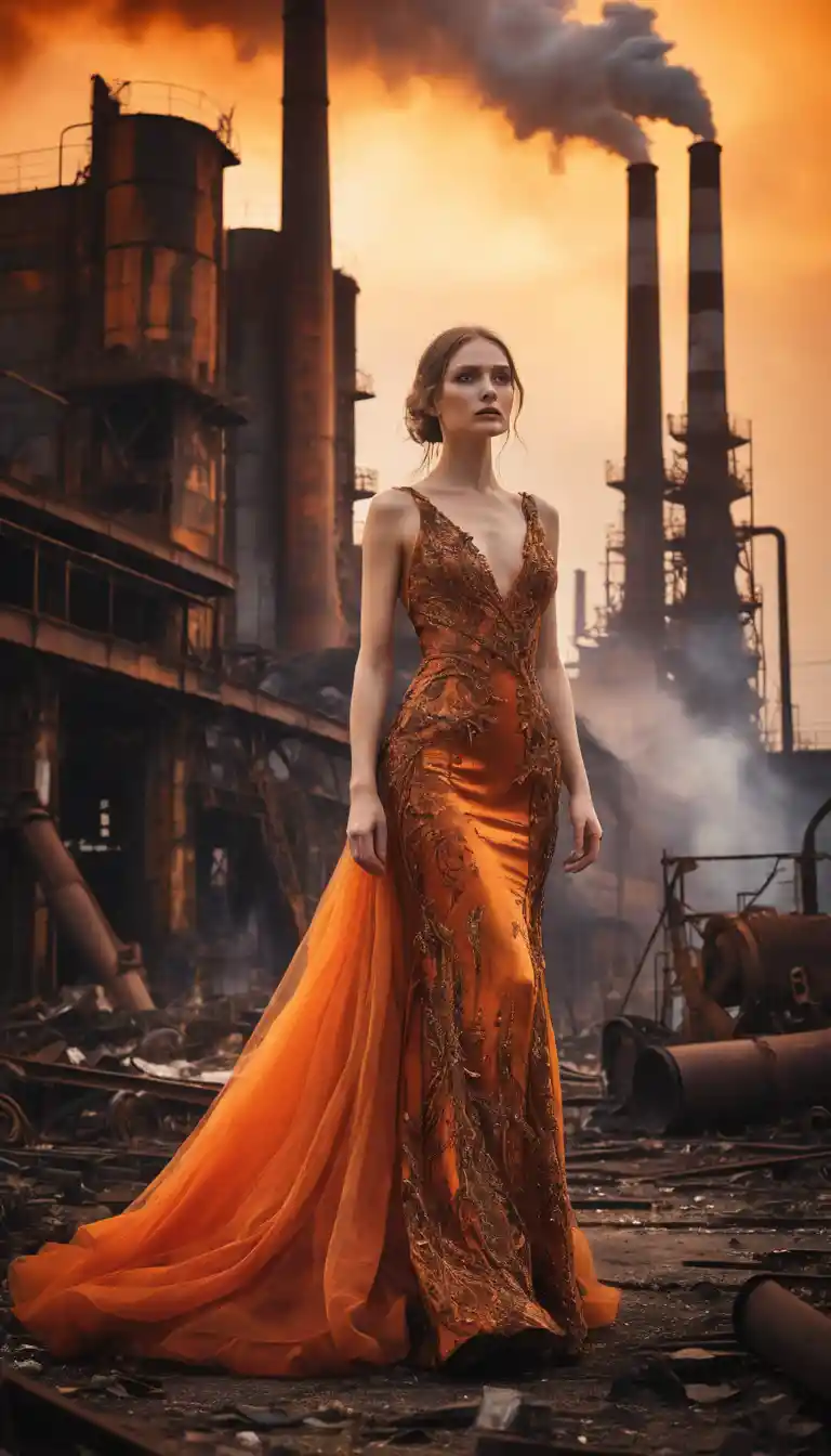 Femme mystique en robe orange traversant des ruines industrielles