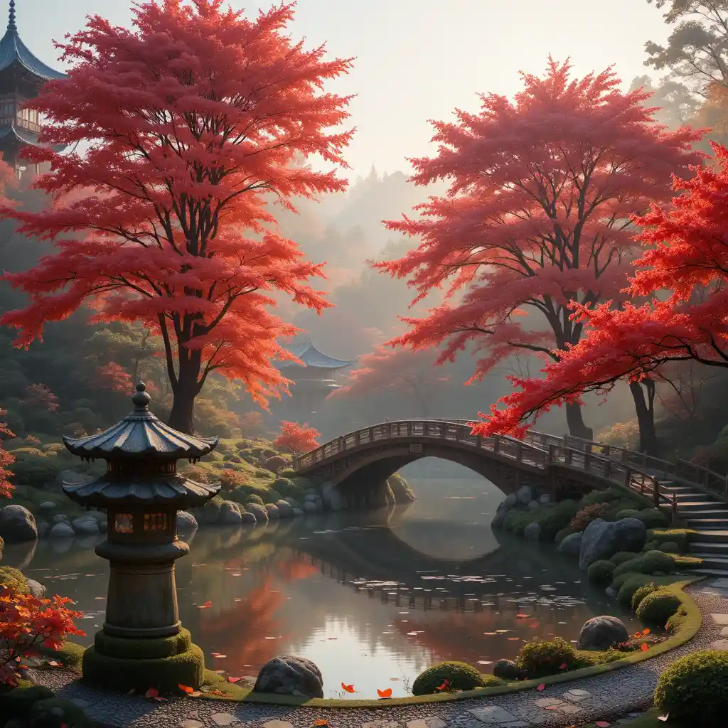 寧靜的日式庭園，錦鯉池與楓樹相伴