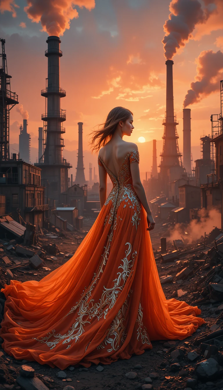 Mystical woman in orange gown amid industrial ruins