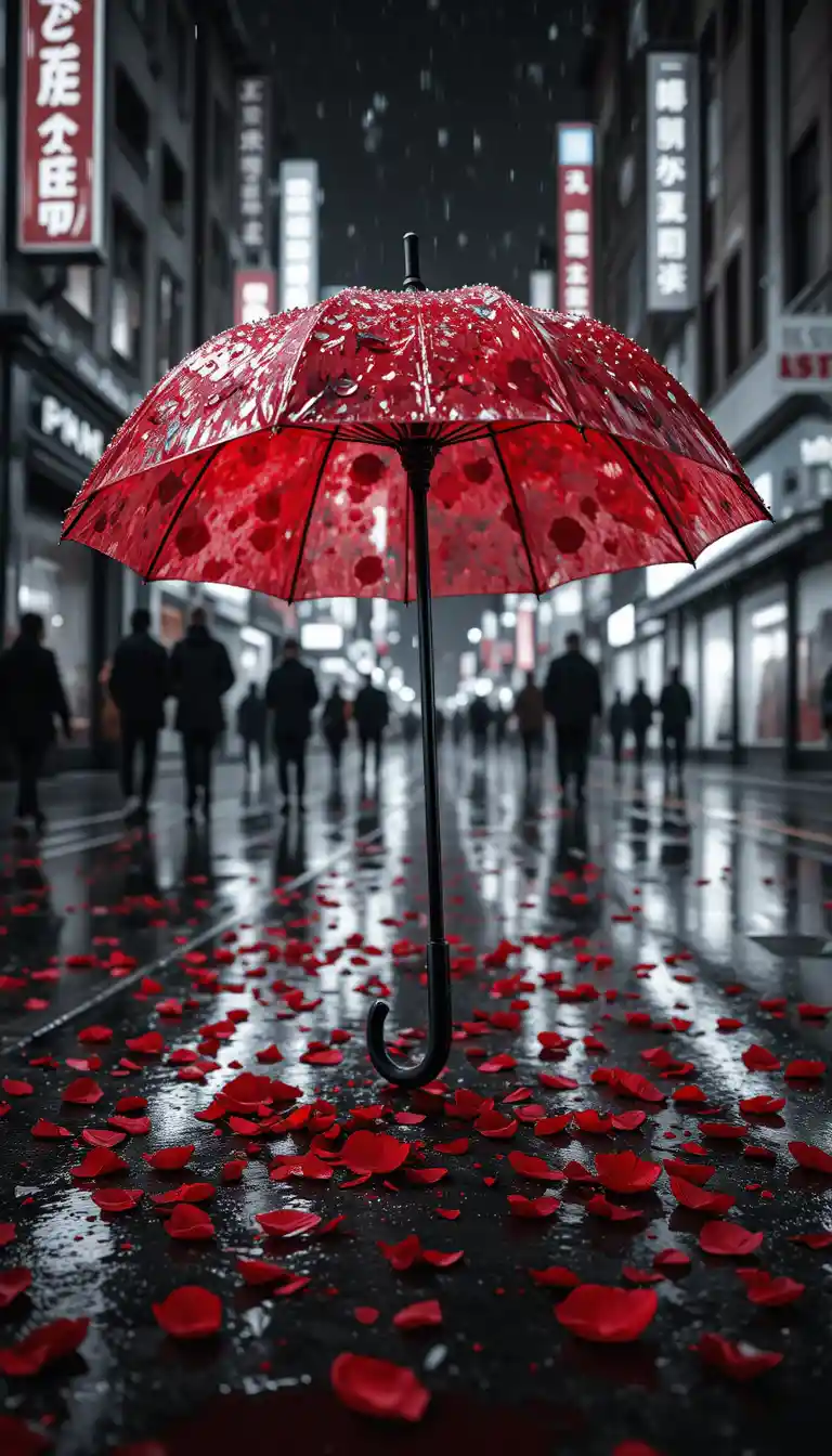 Roter Regenschirm auf regennasser Stadtstraße mit fallenden Rosenblättern