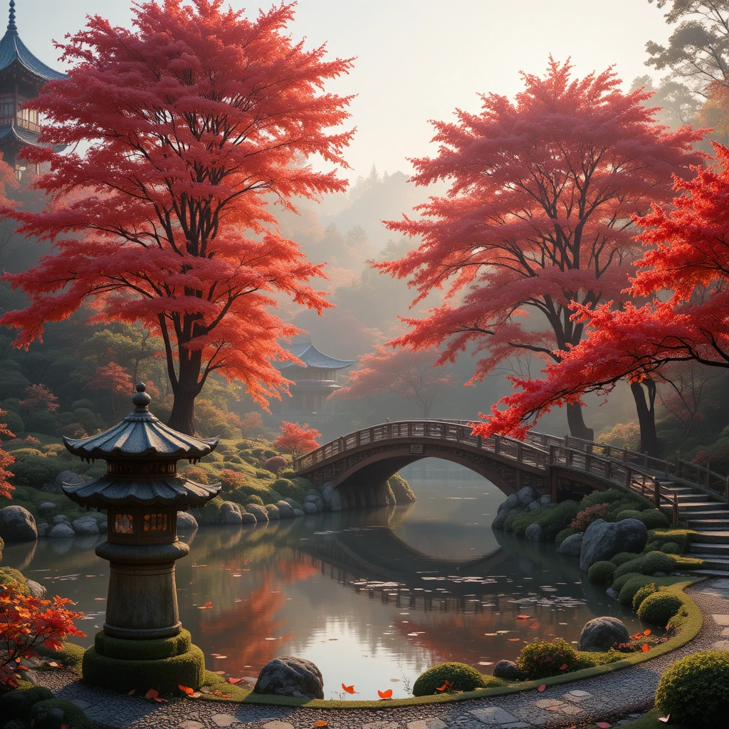 寧靜的日式庭園，錦鯉池與楓樹相伴