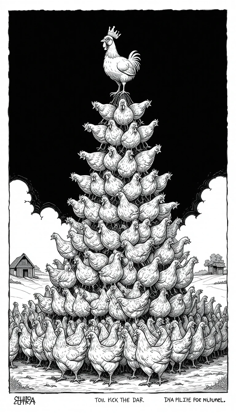 Vignetta satirica a inchiostro di galline in una crudele gerarchia piramidale