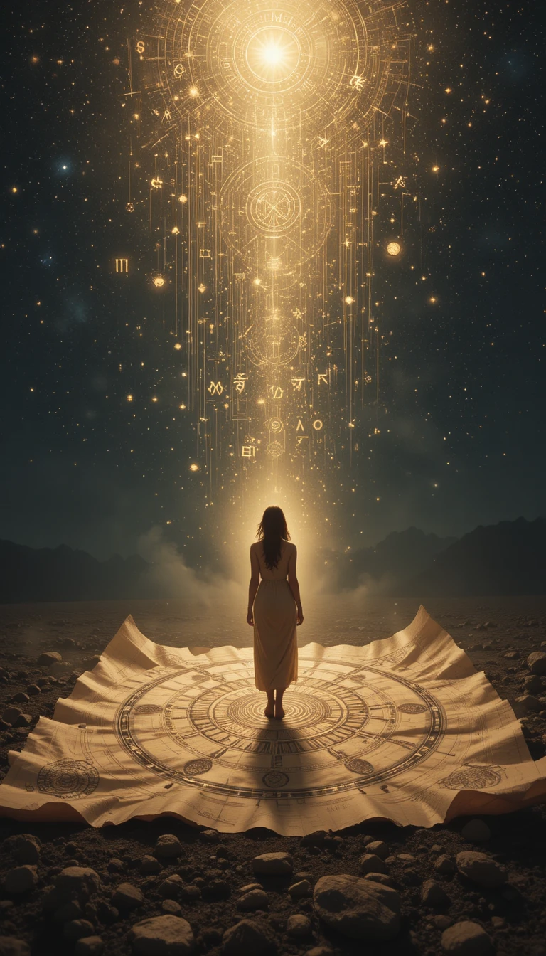 Donna di luce che emerge da un antico mapa di numerologia