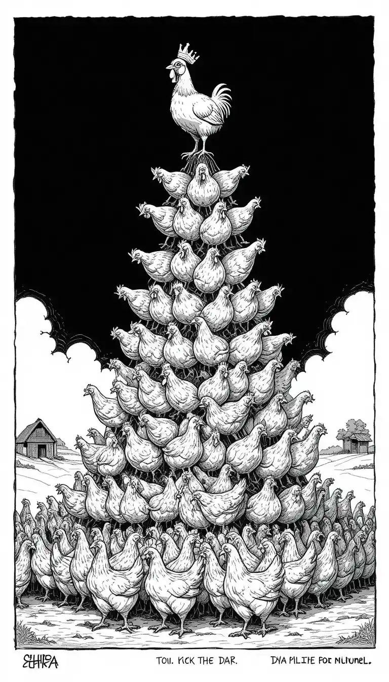 Caricatura satírica a tinta de gallinas en una cruel jerarquía piramidal