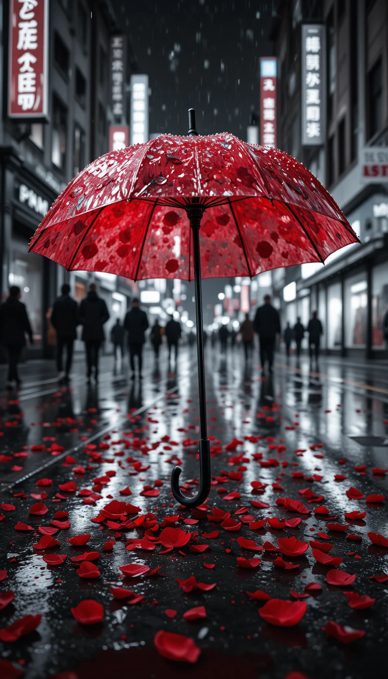 Red umbrella on rainy city street with falling rose petals