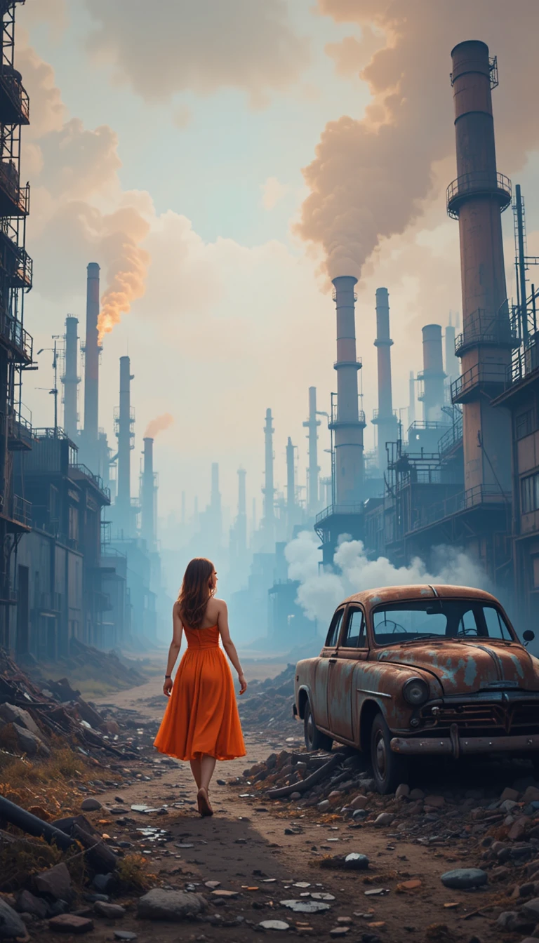 Donna in abito arancione che cammina tra rovine industriali surreali