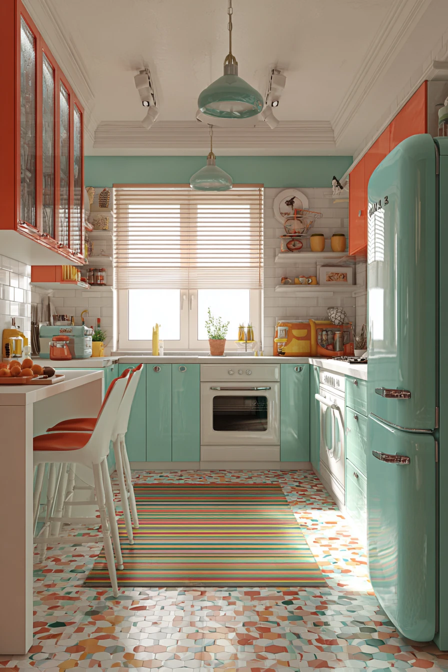 Retro kitchen interior with bold vintage color accents