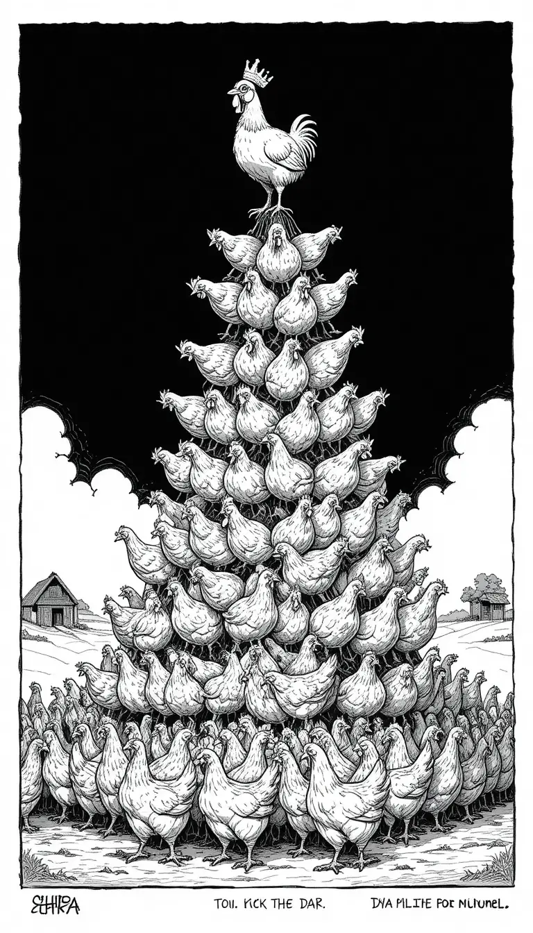 Vignetta satirica a inchiostro di galline in una crudele gerarchia piramidale