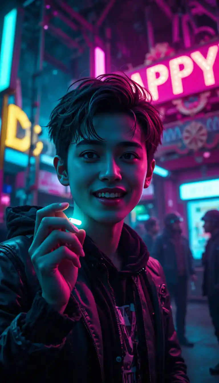Cheeky streamer with glowing pill in neon noir portrait