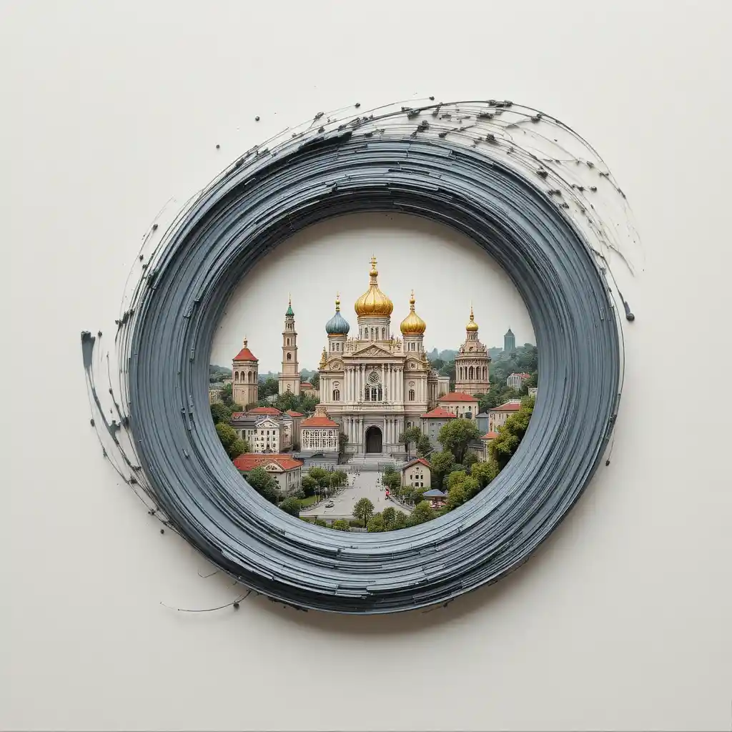 Paisaje urbano de Krasnodar a pinceladas que forma un anillo pintado fluido